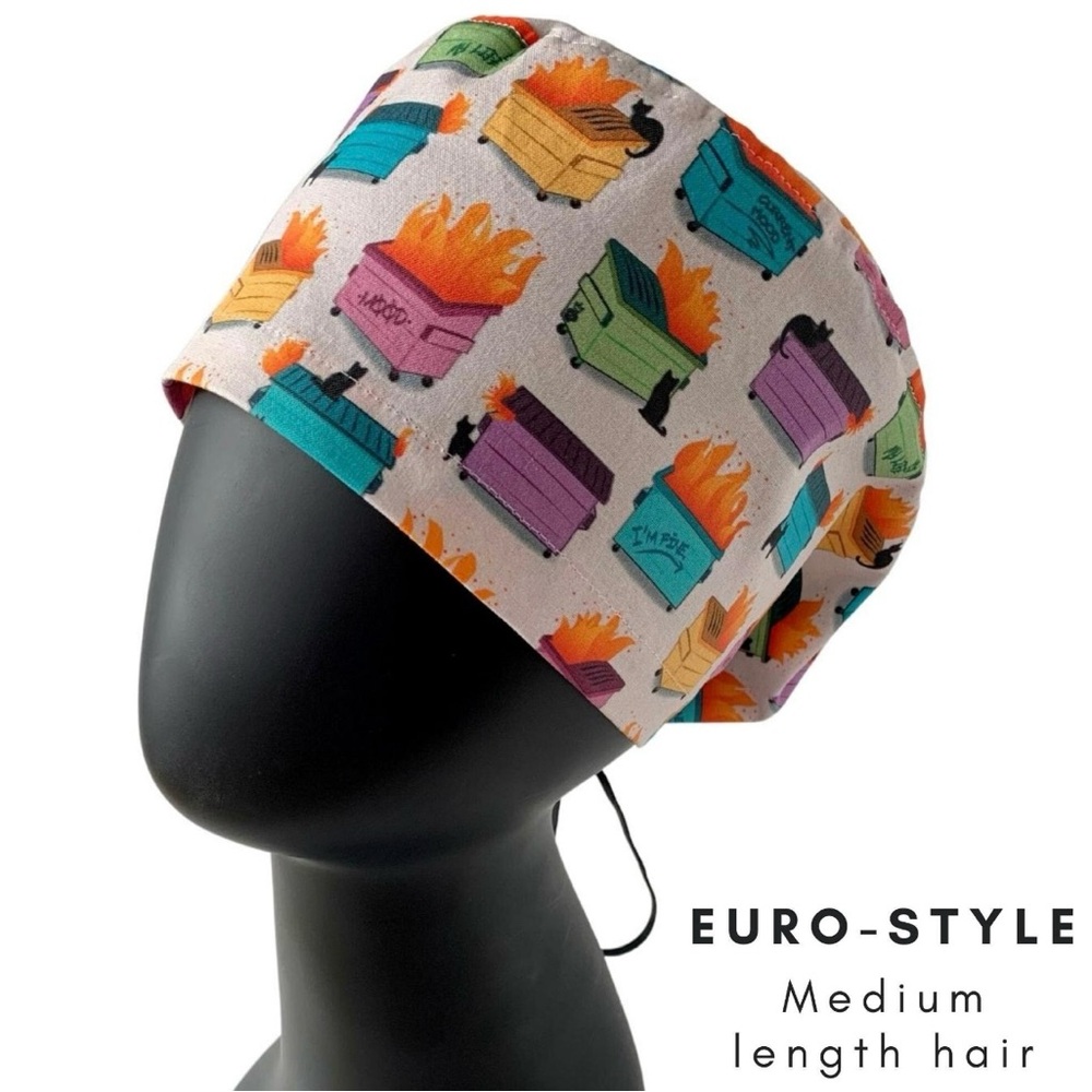 Dumpster Fire Surgical Scrub Cap - Cotton Euro Style for MEDIUM Length Hair